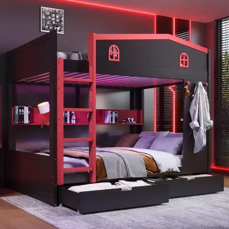 Letto a castello Queen Size con letto estraibile/cassetti e ripiani, Struttura letto a castello in legno massello, Non è necessaria la rete a molle - ModernLuxe