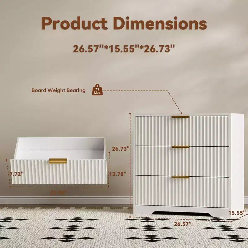 Comodino moderno in legno bianco con 3 cassetti, comodino scanalato, ampio 68,5 cm, mobiletto contenitore, cassettiera per camera da letto, soggiorno, arredamento per la casa