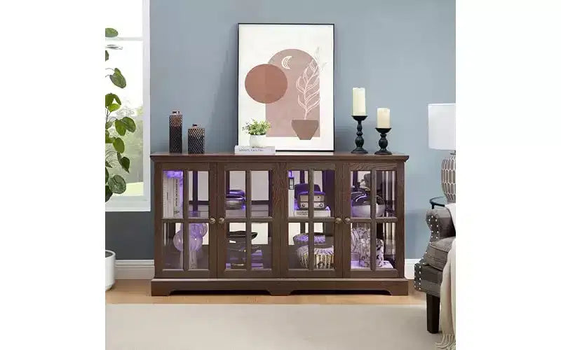 Curio Cabinet, Lighted Glass Display Cabinet w/ 4 Glass Doors & Adjustable Shelves, Lighted Showcase with Light Strip, TV Stand
