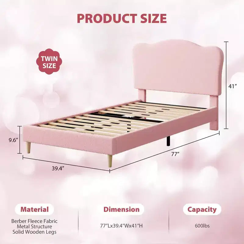 Struttura letto singolo imbottita con testiera a conchiglia, grazioso letto a piattaforma in velluto con doghe in legno, nessun bisogno di rete per bambini/ragazzi/ragazze