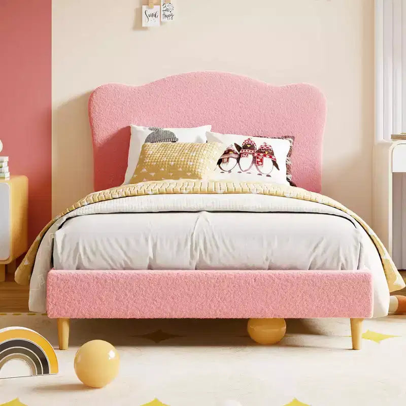 Struttura letto singolo imbottita con testiera a conchiglia, grazioso letto a piattaforma in velluto con doghe in legno, nessun bisogno di rete per bambini/ragazzi/ragazze