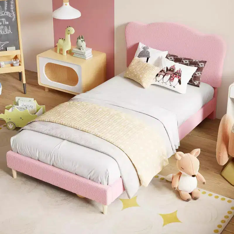 Struttura letto singolo imbottita con testiera a conchiglia, grazioso letto a piattaforma in velluto con doghe in legno, nessun bisogno di rete per bambini/ragazzi/ragazze
