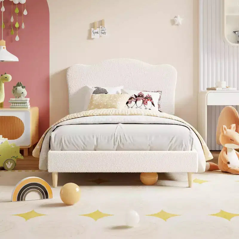 Struttura letto singolo imbottita con testiera a conchiglia, grazioso letto a piattaforma in velluto con doghe in legno, nessun bisogno di rete per bambini/ragazzi/ragazze