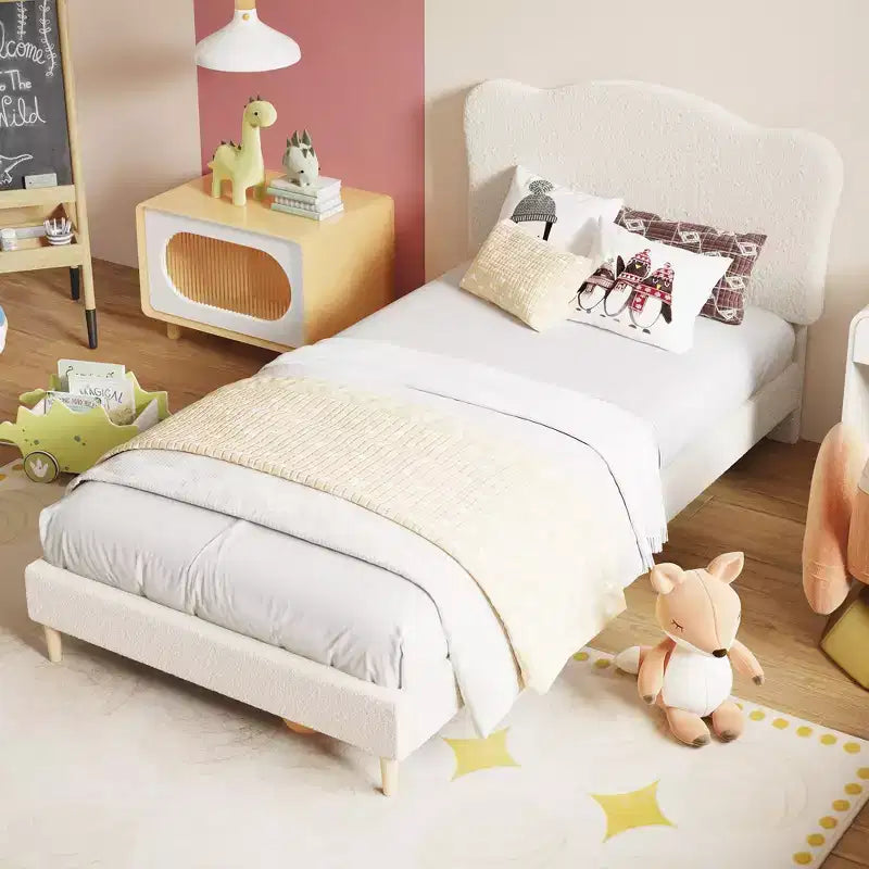 Struttura letto singolo imbottita con testiera a conchiglia, grazioso letto a piattaforma in velluto con doghe in legno, nessun bisogno di rete per bambini/ragazzi/ragazze
