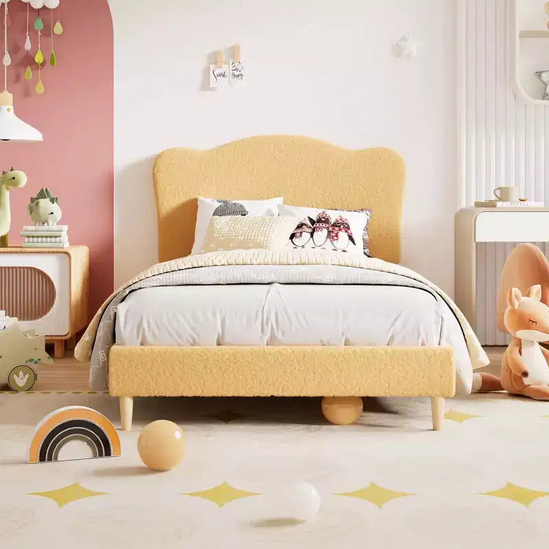 Struttura letto singolo imbottita con testiera a conchiglia, grazioso letto a piattaforma in velluto con doghe in legno, nessun bisogno di rete per bambini/ragazzi/ragazze