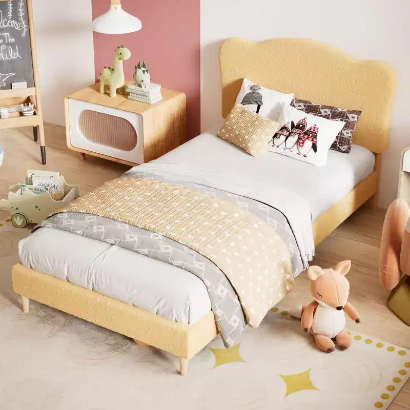 Struttura letto singolo imbottita con testiera a conchiglia, grazioso letto a piattaforma in velluto con doghe in legno, nessun bisogno di rete per bambini/ragazzi/ragazze