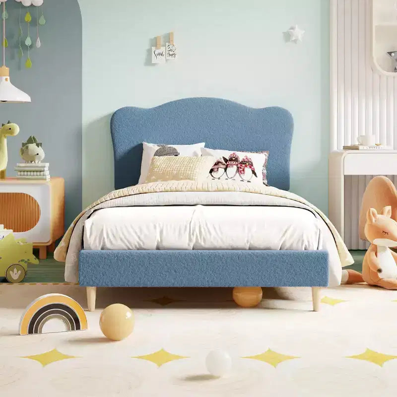 Struttura letto singolo imbottita con testiera a conchiglia, grazioso letto a piattaforma in velluto con doghe in legno, nessun bisogno di rete per bambini/ragazzi/ragazze