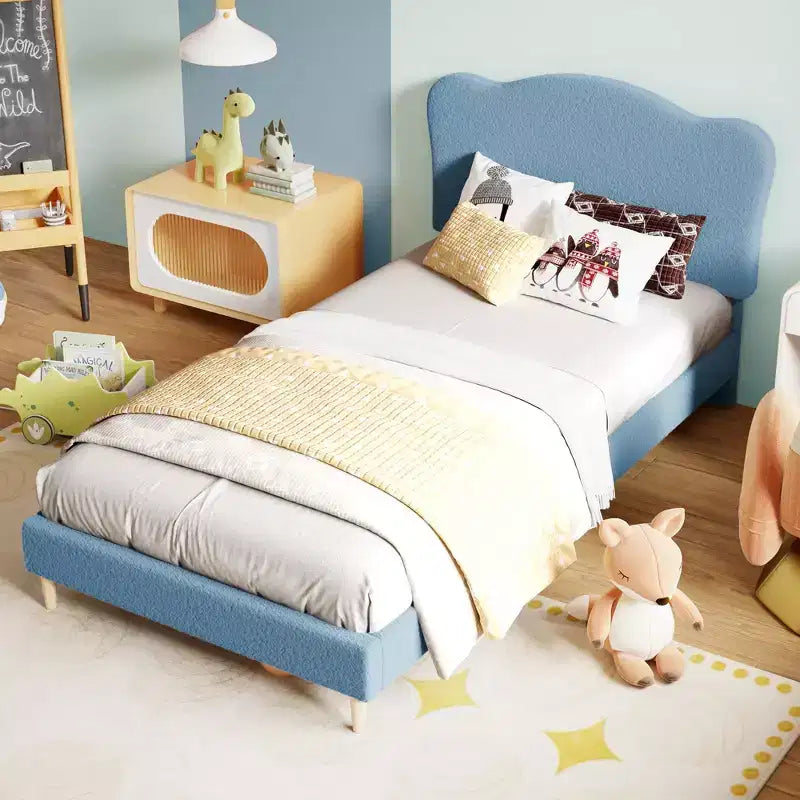 Struttura letto singolo imbottita con testiera a conchiglia, grazioso letto a piattaforma in velluto con doghe in legno, nessun bisogno di rete per bambini/ragazzi/ragazze