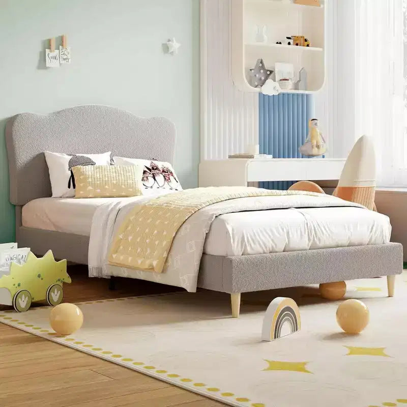 Struttura letto singolo imbottita con testiera a conchiglia, grazioso letto a piattaforma in velluto con doghe in legno, nessun bisogno di rete per bambini/ragazzi/ragazze