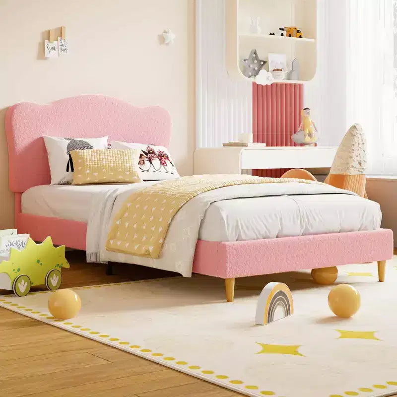 Struttura letto singolo imbottita con testiera a conchiglia, grazioso letto a piattaforma in velluto con doghe in legno, nessun bisogno di rete per bambini/ragazzi/ragazze