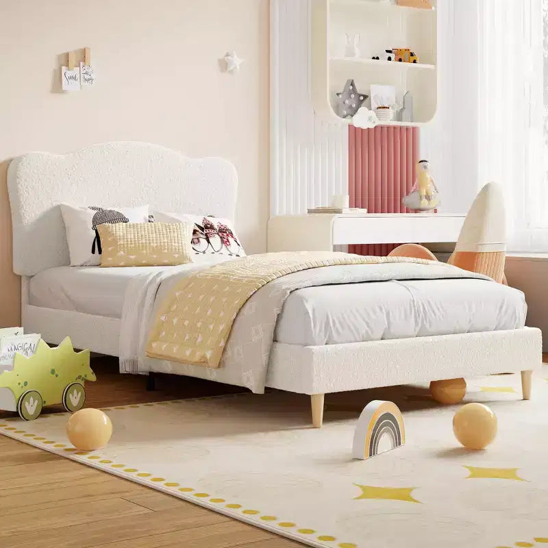 Struttura letto singolo imbottita con testiera a conchiglia, grazioso letto a piattaforma in velluto con doghe in legno, nessun bisogno di rete per bambini/ragazzi/ragazze