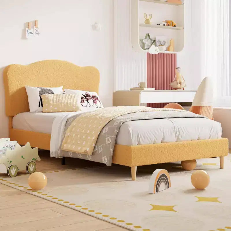 Struttura letto singolo imbottita con testiera a conchiglia, grazioso letto a piattaforma in velluto con doghe in legno, nessun bisogno di rete per bambini/ragazzi/ragazze