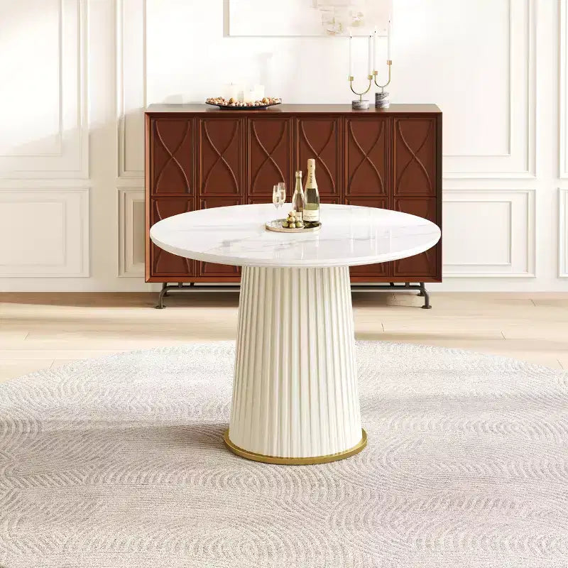 GDFStudio Valenza Modern Round Dining Table with Sintered Stone Top and PU Leather Pedestal