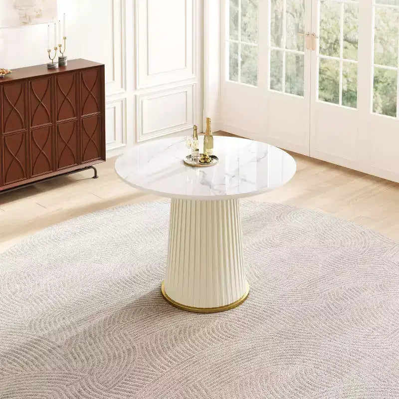 GDFStudio Valenza Tavolo da Pranzo Rotondo Moderno con Piano in Pietra Sinterizzata e Base in Pelle PU