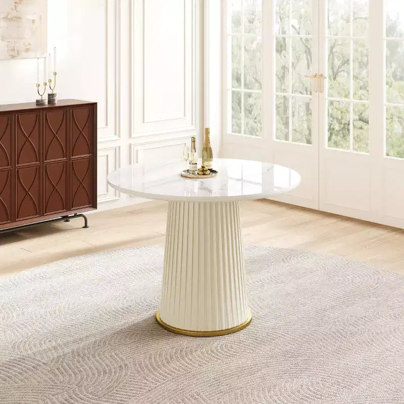 GDFStudio Valenza Tavolo da Pranzo Rotondo Moderno con Piano in Pietra Sinterizzata e Base in Pelle PU