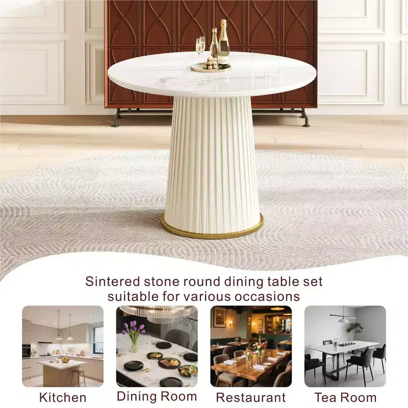GDFStudio Valenza Tavolo da Pranzo Rotondo Moderno con Piano in Pietra Sinterizzata e Base in Pelle PU