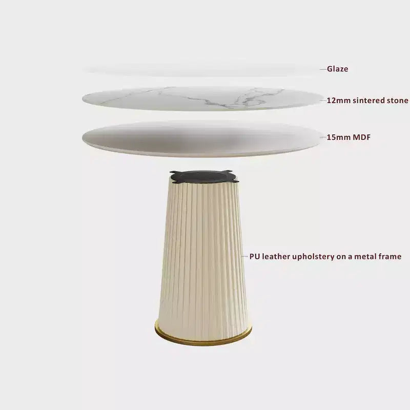 GDFStudio Valenza Tavolo da Pranzo Rotondo Moderno con Piano in Pietra Sinterizzata e Base in Pelle PU