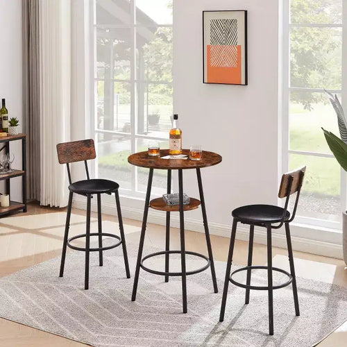 Set da pranzo industriale rotondo a 3 pezzi ad altezza bancone con 2 sgabelli imbottiti in PU, salvaspazio per cucina o bar di casa-Panipeachy