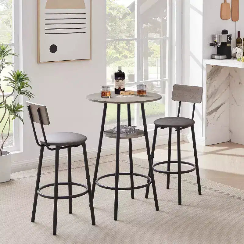Set da pranzo industriale rotondo a 3 pezzi ad altezza bancone con 2 sgabelli imbottiti in PU, salvaspazio per cucina o bar di casa-Panipeachy