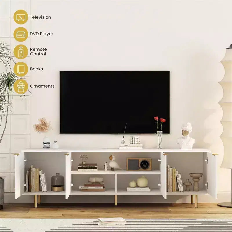 Mobile TV Boho, Centro di intrattenimento con mensola regolabile, Consolle TV in rattan con 2 ante, Consolle multimediale, Piedini in legno, 4 fori passacavi