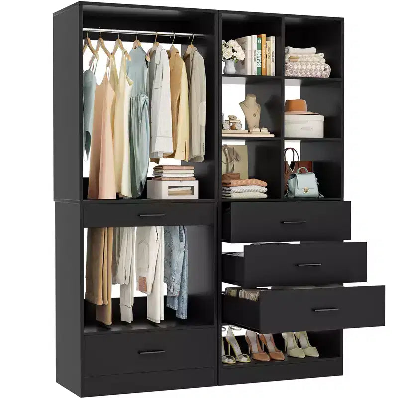 Besiost Set di 2 Sistemi Guardaroba Autoportanti con 4 Cassetti, Organizzatore per Cabina Armadio con Asta Appendiabiti