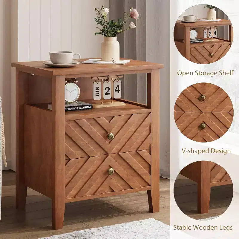 COZONY Comodino da fattoria con 2 cassetti, Comodino rustico con ripiano aperto e gambe in legno per camera da letto, soggiorno, ufficio, Non elettrificato.