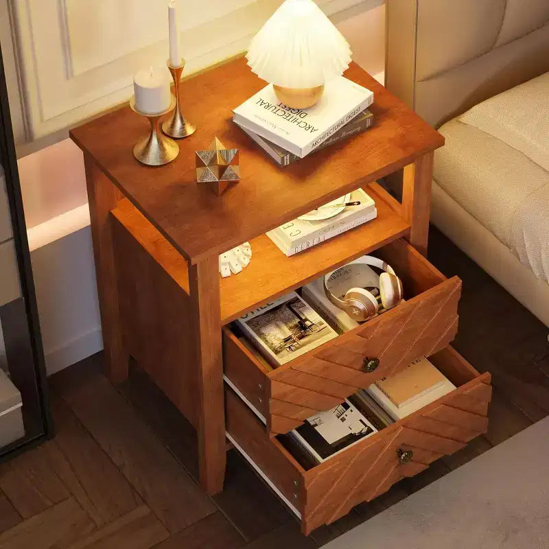 COZONY Comodino da fattoria con 2 cassetti, Comodino rustico con ripiano aperto e gambe in legno per camera da letto, soggiorno, ufficio, Non elettrificato.