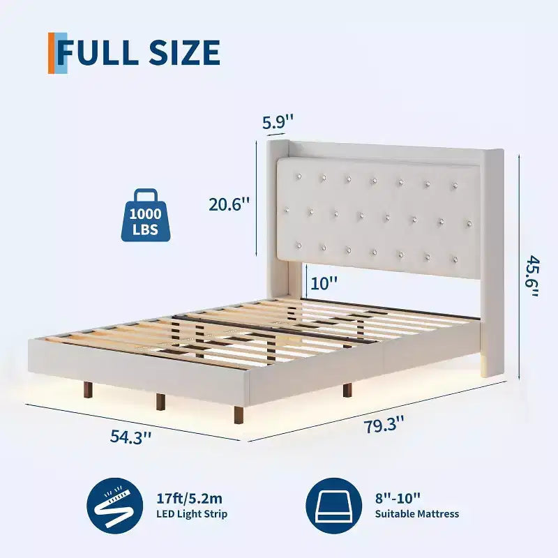 Cozony Letto Moderno Fluttuante, Struttura Imbottita in Tessuto Morbido con Testiera ad Ali e Contenitore, Nessun Rumore, Piattaforma Facile da Montare, Nessuna Rete a Molle.