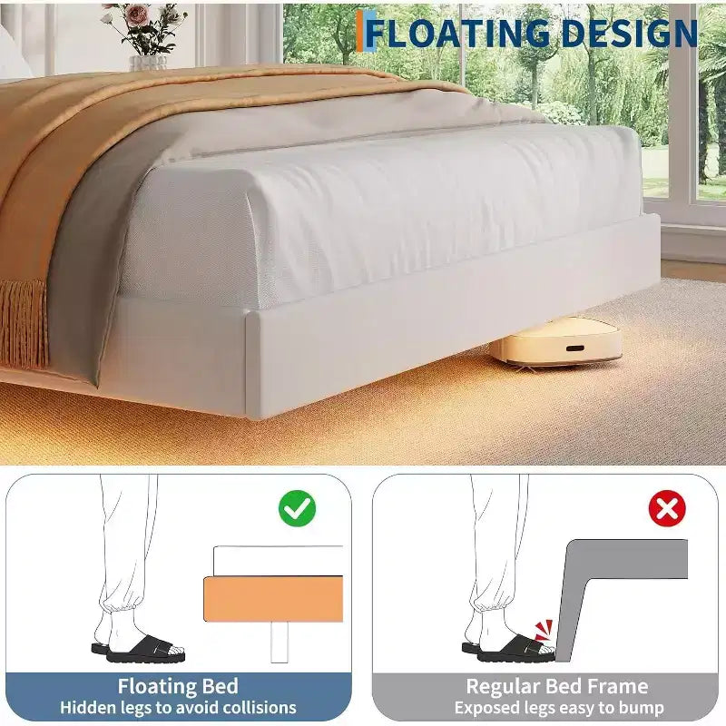 Cozony Letto Moderno Fluttuante, Struttura Imbottita in Tessuto Morbido con Testiera ad Ali e Contenitore, Nessun Rumore, Piattaforma Facile da Montare, Nessuna Rete a Molle.