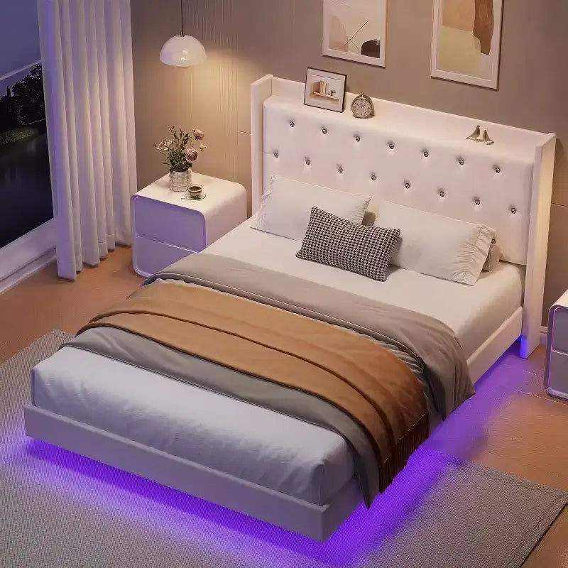 Cozony Letto Moderno Fluttuante, Struttura Imbottita in Tessuto Morbido con Testiera ad Ali e Contenitore, Nessun Rumore, Piattaforma Facile da Montare, Nessuna Rete a Molle.