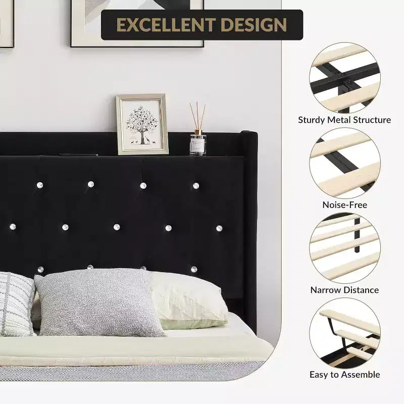 Cozony Letto Moderno Fluttuante, Struttura Imbottita in Tessuto Morbido con Testiera ad Ali e Contenitore, Nessun Rumore, Piattaforma Facile da Montare, Nessuna Rete a Molle.