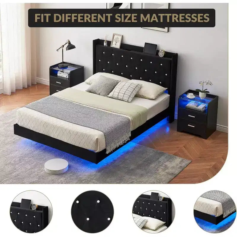 Cozony Letto Moderno Fluttuante, Struttura Imbottita in Tessuto Morbido con Testiera ad Ali e Contenitore, Nessun Rumore, Piattaforma Facile da Montare, Nessuna Rete a Molle.
