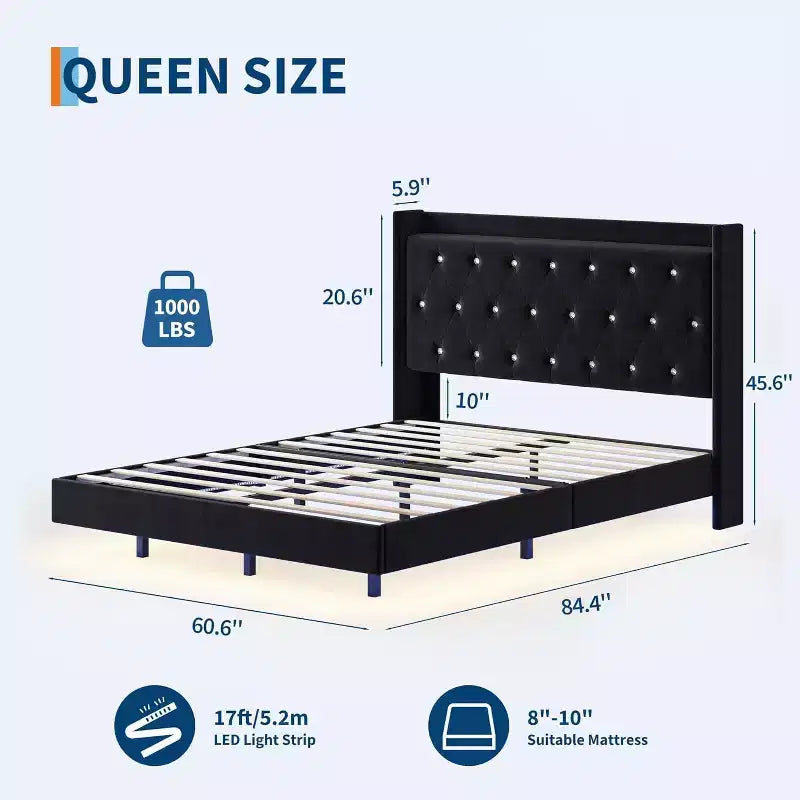 Cozony Letto Moderno Fluttuante, Struttura Imbottita in Tessuto Morbido con Testiera ad Ali e Contenitore, Nessun Rumore, Piattaforma Facile da Montare, Nessuna Rete a Molle.