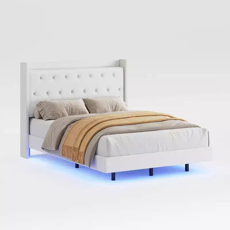 Cozony Letto Moderno Fluttuante, Struttura Imbottita in Tessuto Morbido con Testiera ad Ali e Contenitore, Nessun Rumore, Piattaforma Facile da Montare, Nessuna Rete a Molle.