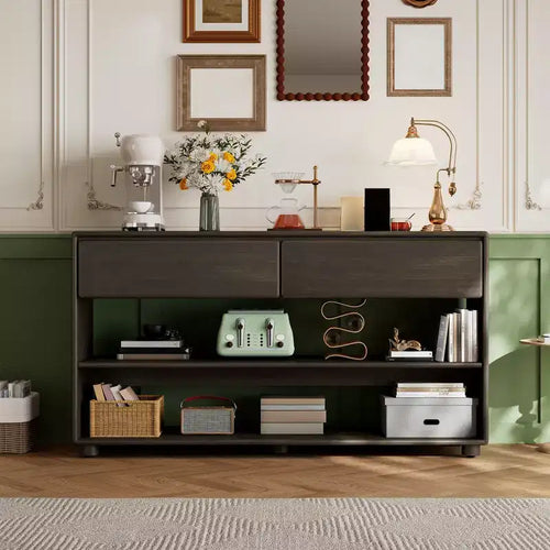 58 Inch Narrow Entryway Console Table with 2 Drawers, 3-Tier Sofa Table for Behind Couch, Hallway & Living Room