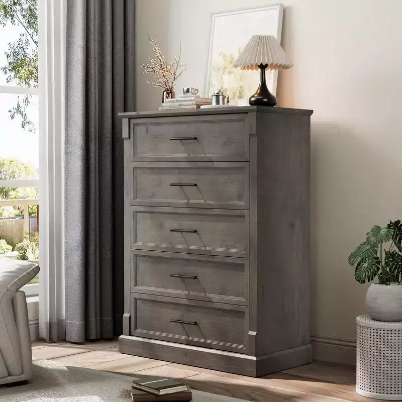 Cassettiera a 5 cassetti in stile rustico per camera da letto, Comò alto con maniglie in metallo, Credenza in legno rustico porta TV, per soggiorno, corridoio