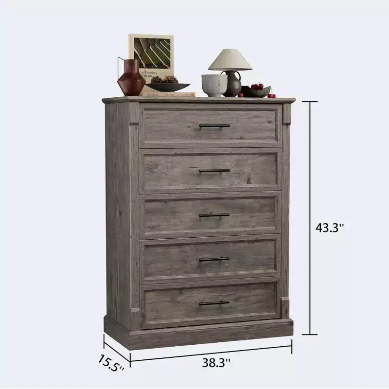 Cassettiera a 5 cassetti in stile rustico per camera da letto, Comò alto con maniglie in metallo, Credenza in legno rustico porta TV, per soggiorno, corridoio