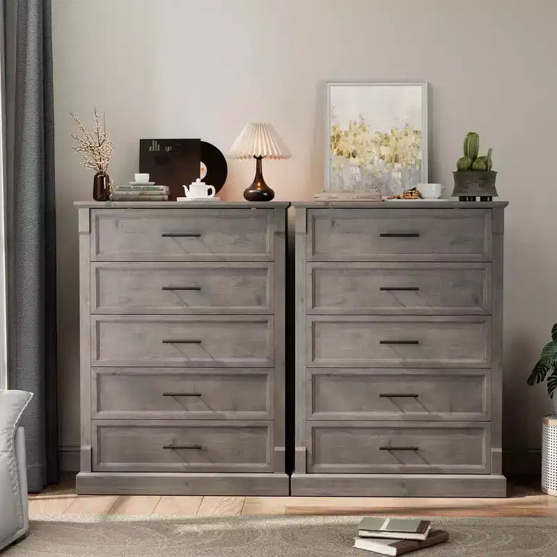 Cassettiera a 5 cassetti in stile rustico per camera da letto, Comò alto con maniglie in metallo, Credenza in legno rustico porta TV, per soggiorno, corridoio