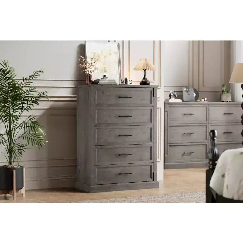Cassettiera a 5 cassetti in stile rustico per camera da letto, Comò alto con maniglie in metallo, Credenza in legno rustico porta TV, per soggiorno, corridoio