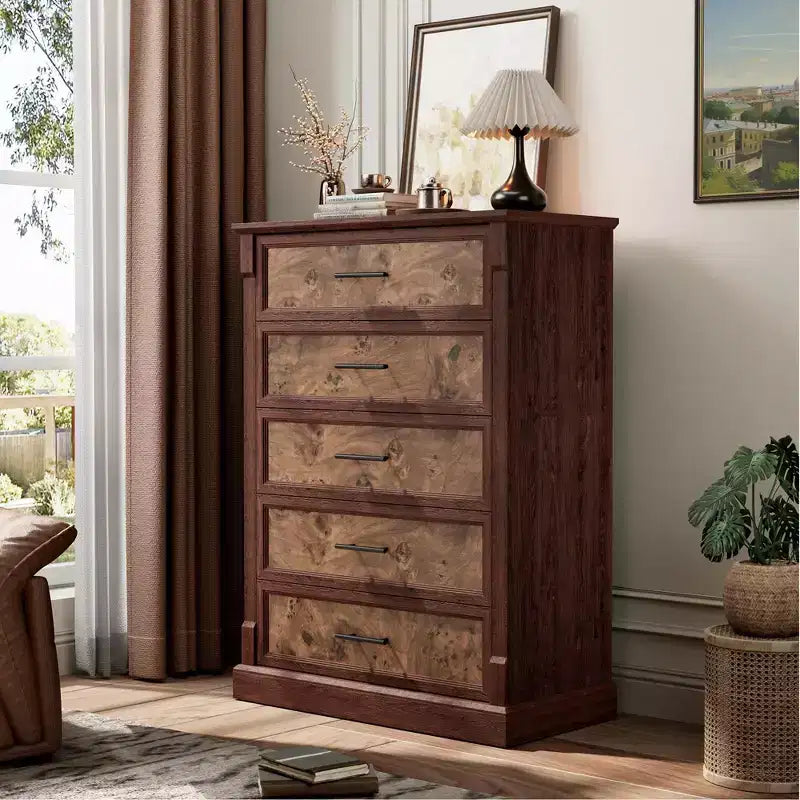 Cassettiera a 5 cassetti in stile rustico per camera da letto, Comò alto con maniglie in metallo, Credenza in legno rustico porta TV, per soggiorno, corridoio