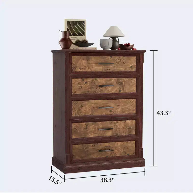 Cassettiera a 5 cassetti in stile rustico per camera da letto, Comò alto con maniglie in metallo, Credenza in legno rustico porta TV, per soggiorno, corridoio