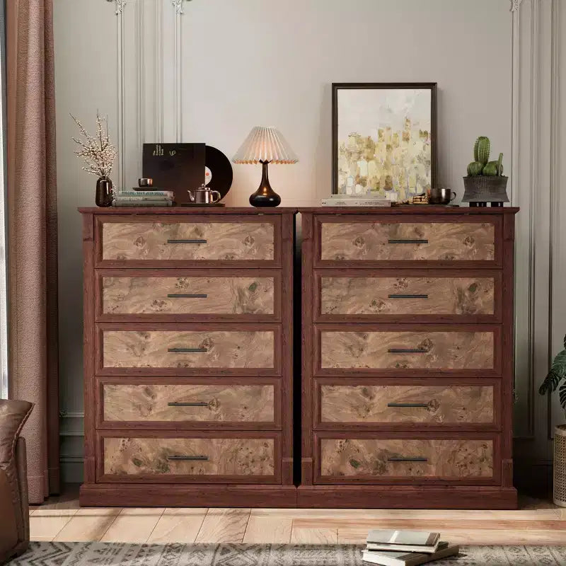 Cassettiera a 5 cassetti in stile rustico per camera da letto, Comò alto con maniglie in metallo, Credenza in legno rustico porta TV, per soggiorno, corridoio