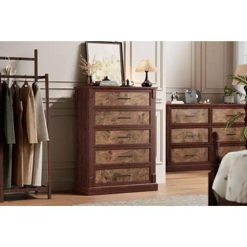 Cassettiera a 5 cassetti in stile rustico per camera da letto, Comò alto con maniglie in metallo, Credenza in legno rustico porta TV, per soggiorno, corridoio