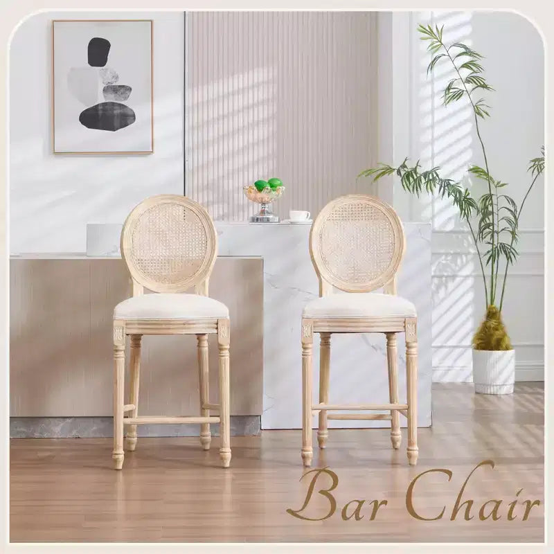 Set di 2 sgabelli da bar French Country 26, schienale rotondo in rattan naturale imbottito, intaglio con trafilatura, beige