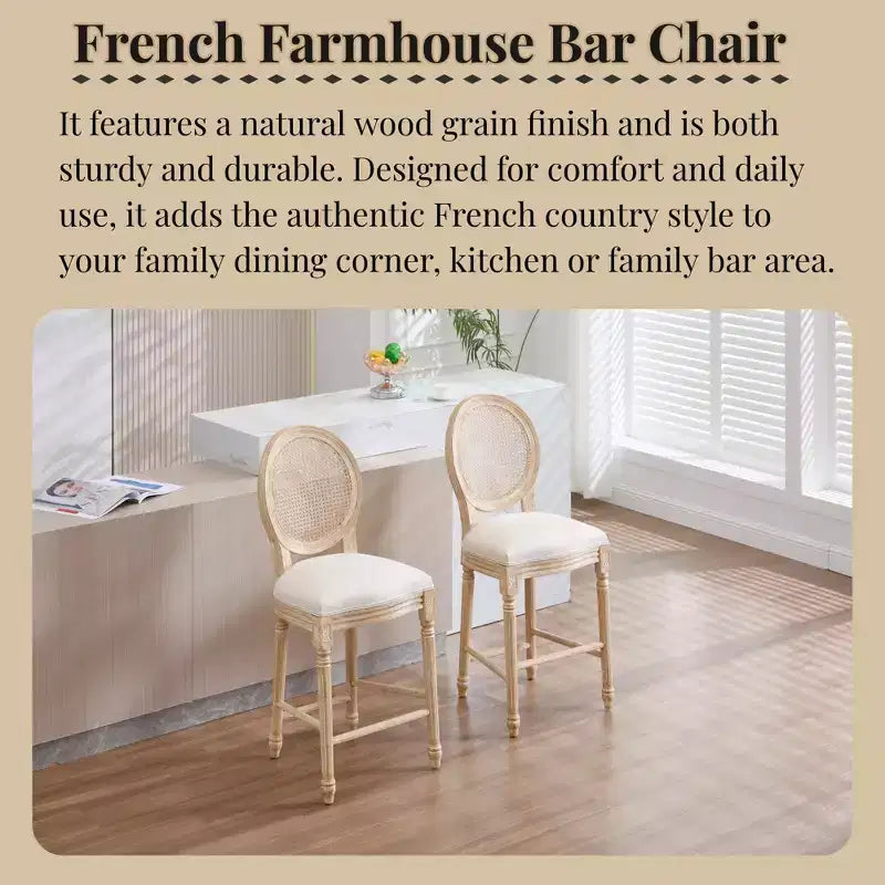Set di 2 sgabelli da bar French Country 26, schienale rotondo in rattan naturale imbottito, intaglio con trafilatura, beige