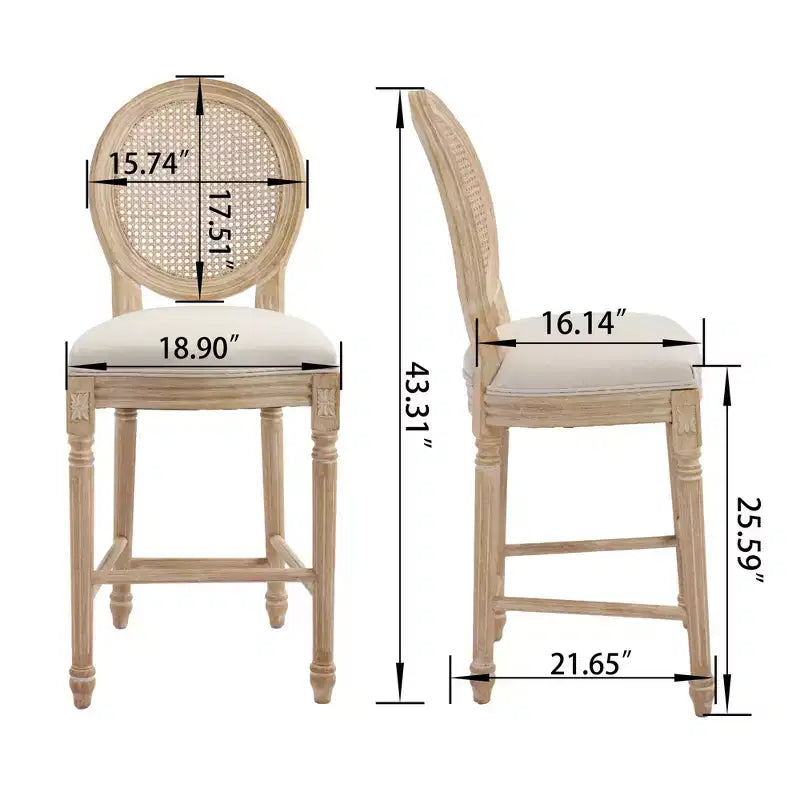 Set di 2 sgabelli da bar French Country 26, schienale rotondo in rattan naturale imbottito, intaglio con trafilatura, beige