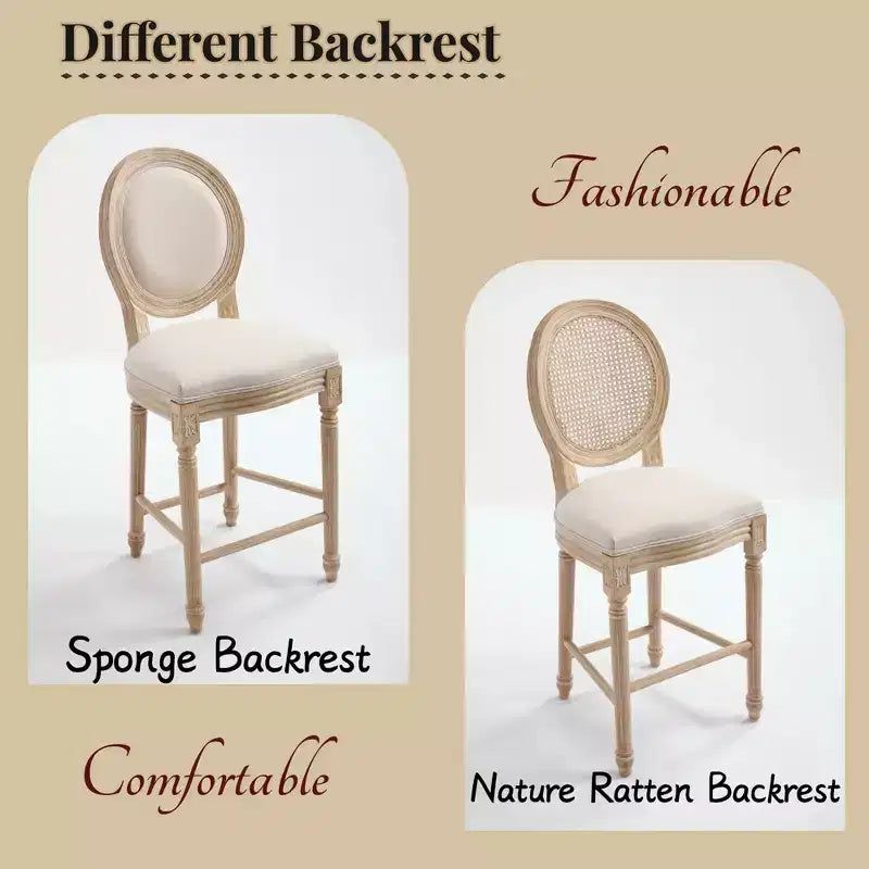 Set di 2 sgabelli da bar French Country 26, schienale rotondo in rattan naturale imbottito, intaglio con trafilatura, beige