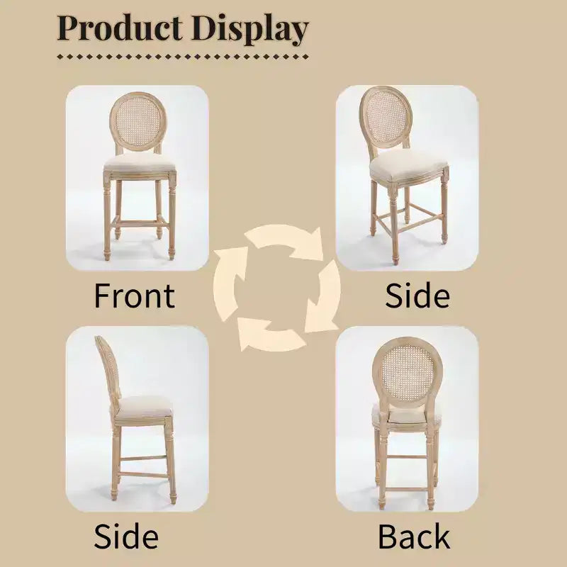 Set di 2 sgabelli da bar French Country 26, schienale rotondo in rattan naturale imbottito, intaglio con trafilatura, beige