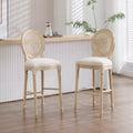 French Country 30 Bar Chairs Set of 2, Upholstered Natural Rattan Round Back, Wire Drawing Carving, Beige