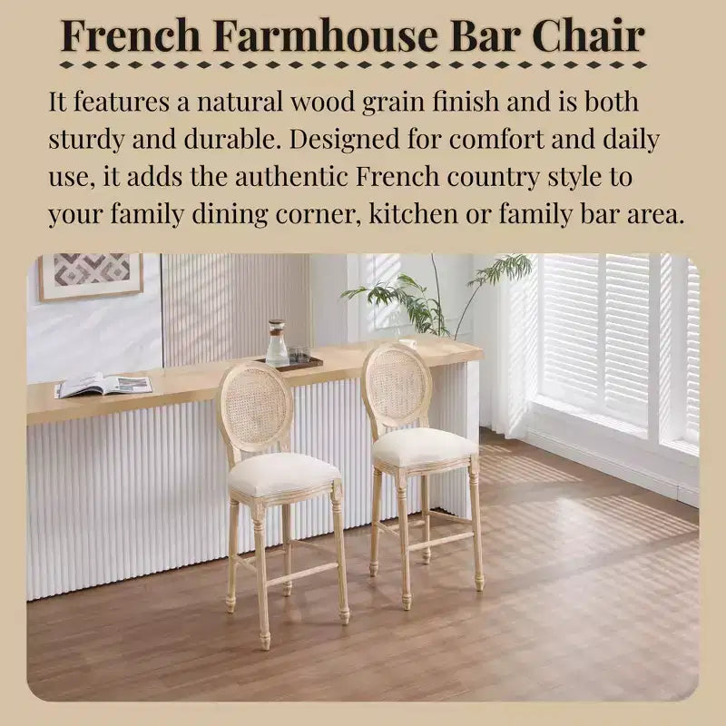 Set di 2 sgabelli da bar Francese Campagna 30", schienale rotondo in rattan naturale imbottito, intaglio con trafilatura, beige